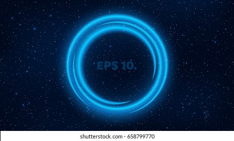 A shining banner of neon lines of blue color against the background of the star sky. Fantastic, cosmic space. Enter your text in the template. Glittering stars in the dark. Vector illustration. EPS 10