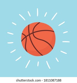 Shining basketball ball. Sport card. Hand drawn vector illustration in cartoon and flat style on blue background