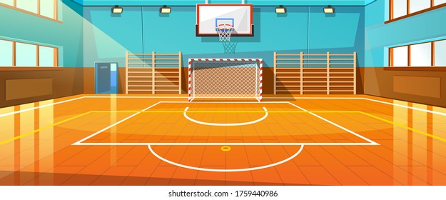 Shining basketball court with wooden floor vector illustration. Modern indoor stadium illuminated with spotlights cartoon design. Championship or tournament. Sport arena or hall for team games concept