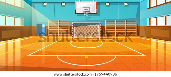 Shining basketball court with wooden floor vector\
illustration. Modern indoor stadium illuminated with spotlights\
cartoon design. Championship or tournament. Sport arena or hall for\
team games concept