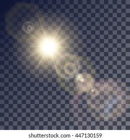 Shining beige vector golden sun with colorful light effects. Flares and gleams rounded and hexagonal shapes, blue glint.