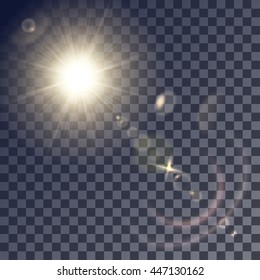 Shining beige vector golden sun with lens effects. Flares and gleams rounded and hexagonal shapes, colored halo.