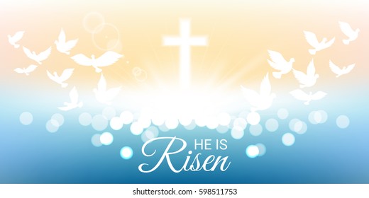 Shining and  birds flying with He is risen text for Easter day