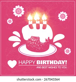 Shining birthday cake card. Vector illustration 
