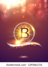 Shining bitcoin symbol, light bokeh and sparks. Cryptocurrency symbol illustration with peer to peer network background. Abstract festive background with bokeh defocused lights. Vector illustration