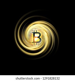 Shining bitcoin symbol, light splashes and sparks. Golden blockchain galaxy concept. Cryptocurrency symbol illustration with peer to peer network background. Vector illustration.