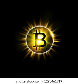 Shining bitcoin symbol, light splashes and sparks. Golden blockchain sun concept. Cryptocurrency symbol illustration with peer to peer network background. Vector illustration.