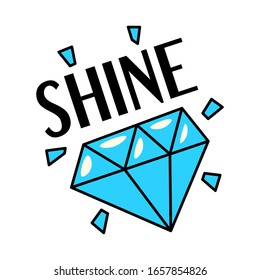 Shining blue diamond gemstone retro style sticker patch badge with text, flat style vector illustration isolated on white background