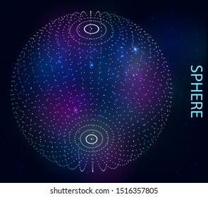 Shining blue dotted sphere consisting of points on black background. Global digital connections. Networks. Technology modern concept. Wireframe vector illustration. Abstract trendy grid 3d design.