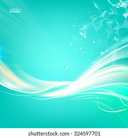 Shining blue flow. Wavy abstract blue background for your design. Abstraction for science. Blue background with polygonal network element and sky light. Vector illustration.