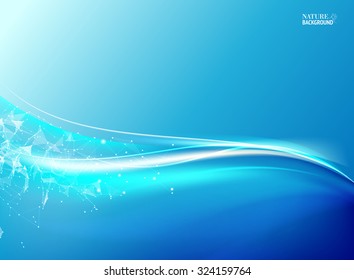 Shining blue flow. Wireframe mesh polygonal element. Wavy abstract blue background for your design. Glow light futuristic background. Vector illustration, contains transparencies, gradients, effects.