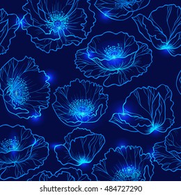 Shining blue flowers poppies. Vector seamless pattern