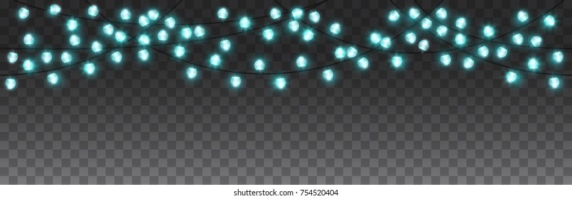 Shining blue garlands, festive xmas decorations. Glowing holiday christmas lights isolated on transparent background. Horizontal seamless realistic 3d vector objects.