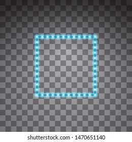 Shining blue led vector square frames, neon illumination on transparent background. Glowing decorative square tapes of diode ecological lamps light effect for banners, web-sites