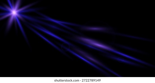 Estrella azul brillante colgando en la parte superior, emitiendo múltiples rayos radiantes a través de toda la ilustración sobre un fondo negro. Ilustración de luz de Vector.
