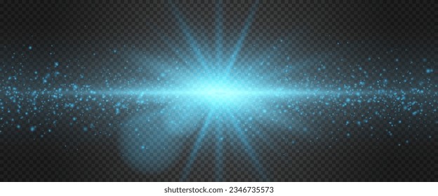 Una estrella azul brillante y partículas sobre un fondo negro. El sol y el polvo de estrellas, brillantes chispas. El efecto de la radiancia, el brillo. Ilustración vectorial.