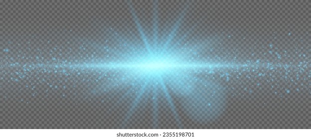 A shining blue star and particles on a transparent background. The sun and stardust, glowing sparks. The effect of radiance, shine. Vector illustration.