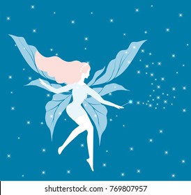 Shining blue winter fairy with long hair and thin wings flies in spangles vector illustration