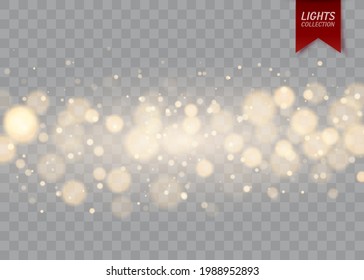 Shining bokeh isolated on transparent background. Golden bokeh lights with glowing particles isolated. Christmas concept