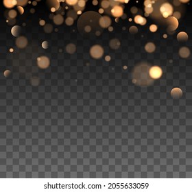 Shining bokeh isolated on transparent background. Golden bokeh lights with glowing particles isolated. Christmas concept