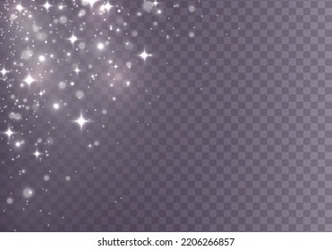 Leuchtender Bokeh einzeln auf transparentem Hintergrund. Lichteffekt. Der Staub funkt und die Sterne leuchten mit speziellem Licht. Weihnachtsblitz. Funkelnde, magische weiße Staubpartikel. Vektorgrafik.