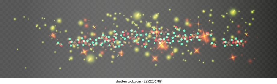 Shining bokeh isolated on transparent dark background. Golden bokeh lights with glowing particles isolated. Christmas holiday, canfetti.