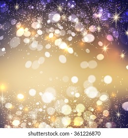 Shining bokeh vector illustration.  Magic sparkle on dark background. Vector bokeh effect. Fire lights defocused bokeh. Christmas lights