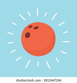 Shining bowling ball. Sport card. Hand drawn vector illustration in cartoon and flat style on blue background