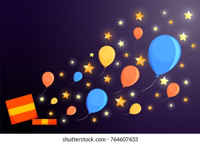 Shining box with a surprise and balls flying with stars and confetti