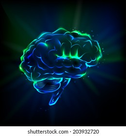 Cerebro brillante sobre un fondo oscuro. Vector.