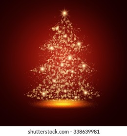 Shining Bright Christmas Tree. Celebration Card. Vector illustration