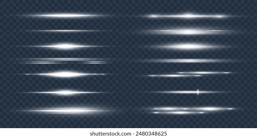 Shining bright horizontal light effects PNG, isolated on a transparent background, glare, lines, particles of bright light. Set of vector lines for web design