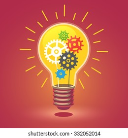 Shining bright idea light bulb with cogs. Flat style vector illustration isolated on white background.