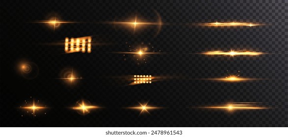 Shining bright light effects PNG isolated on a dark background, glare, lines, spotlights, golden light particles. Set of vector stars for web design