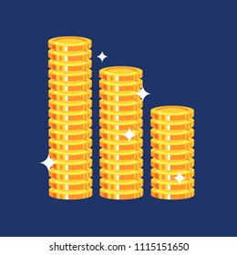 Shining, brilliant coins stack. Three pillars, gold coins. Vector illustration, on blue background.
