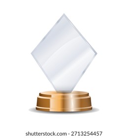 Trofeo de cristal de bronce brillante sobre pedestal de madera con detalles láser reflectantes y corona grabada ideal para ceremonias de premios, imágenes de reconocimiento y obras de arte de Vector pulido
