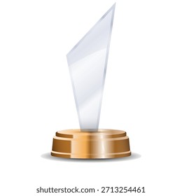 Shining bronze crystal trophy standing on wooden pedestal with reflective lasered details and engraved wreath ideal for award ceremonies, recognition visuals, and polished vector artwork

