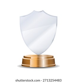 Brilhante troféu de cristal de bronze em pé sobre pedestal de madeira com reflexivo lasered detalhes e coroa gravada ideal para cerimônias de premiação, reconhecimento visual e arte vetorial polido

