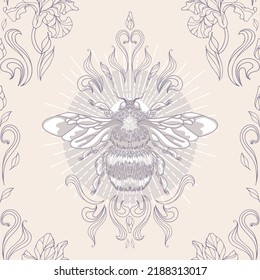 Shining bumblebee, sun rays, herbs and leaves. Seamless pattern in vintage style. Halloween, magic, witchcraft, astrology, mysticism. For wallpaper, printing on fabric, wrapping, background.