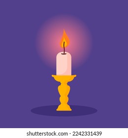 Una vela brillante quemándose en un candelabro. Ilustración vectorial dibujada a mano.