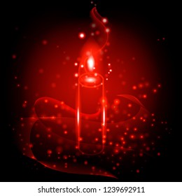 Shining burning candle surrounded by glowing lights and sparks. On black background.