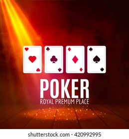 Shining Casino Banner Poster. Show spotlight casino design with cards. 