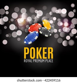 Shining Casino Poker Banner Poster. Show spotlight Poker design with chips. vip Casino poster black