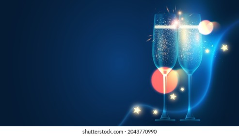 Shining champagne glasses with lights. Holiday background. Birthday, anniversary, weddign and win design.