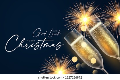 Shining champagne. Merry Christmas and Happy New Year design template with gold champagne glasses, light and bokeh effect.