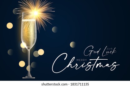 Shining champagne. Merry Christmas and Happy New Year design template with gold champagne glasses, light and bokeh effect.