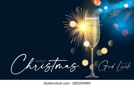 Shining champagne. Merry Christmas and Happy New Year design template with gold champagne glasses, light, fir tree branches and bokeh effect.