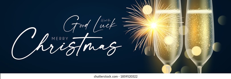 Shining champagne. Merry Christmas and Happy New Year design template with gold champagne glasses, light and bokeh effect.