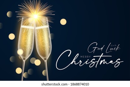 Shining champagne. Merry Christmas and Happy New Year design template with gold champagne glasses, light and bokeh effect.