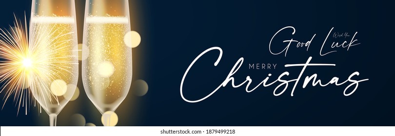 Shining champagne. Merry Christmas and Happy New Year design template with gold champagne glasses, light and bokeh effect.